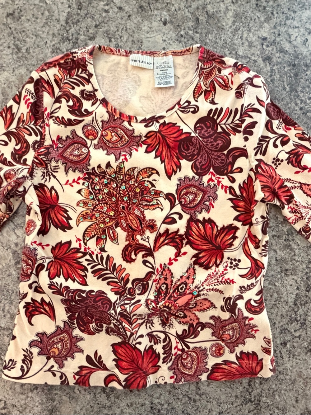 White Stag Ladies L 12/14 Autumn Floral Paisley Sequin Long Sleeve Top Cotton